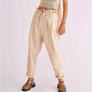 Free People Margate Pleated Drawstring Cargo Trouser Medium Cream Tan